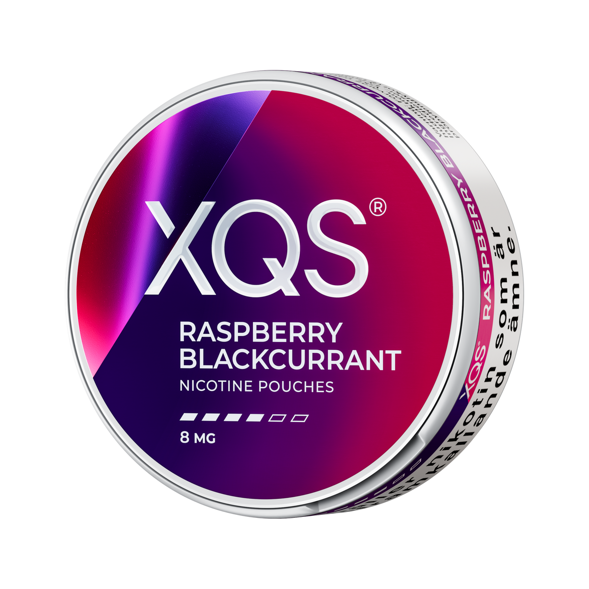 XQS Raspberry Blackcurrant 8mg, Dose, linke Seitenansicht